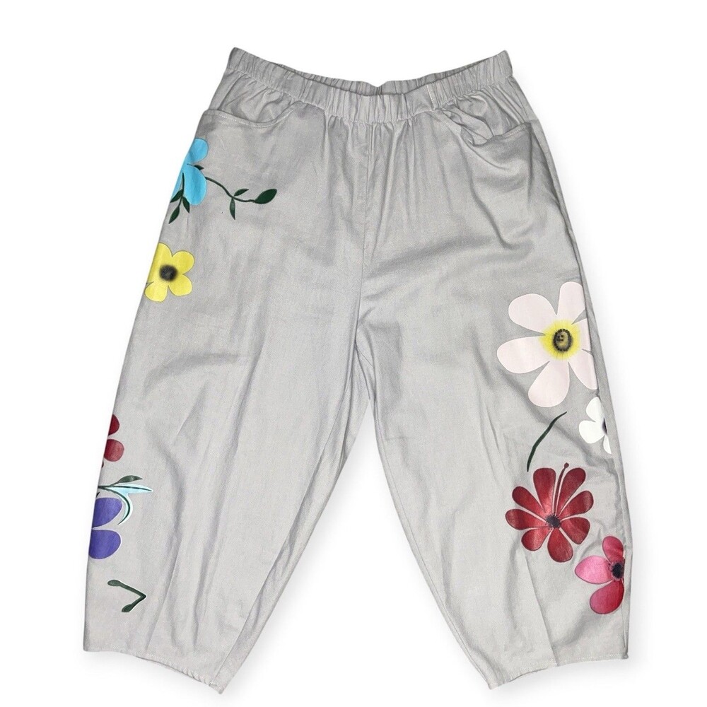Harem Baggy Drop Crotch Wide Pants Women XL Gray Floral Loose Casual Trousers